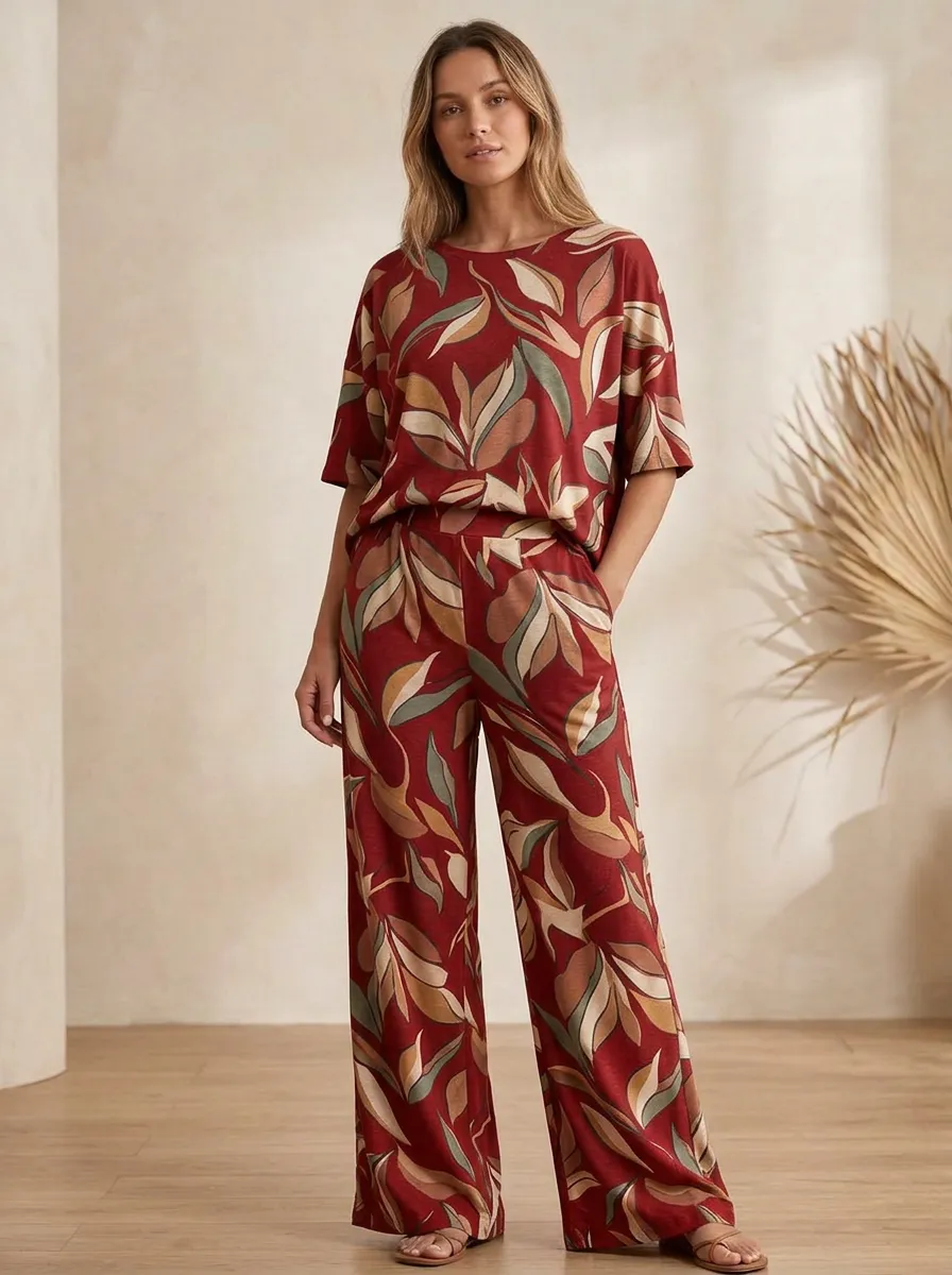Women's Relaxed Leaf Print Top And Wide-Leg Trouser Two-Piece Set