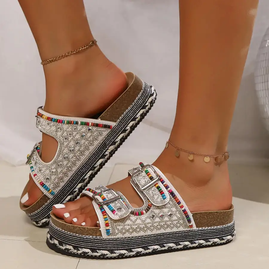 Beaded Buckle Platform Sandals