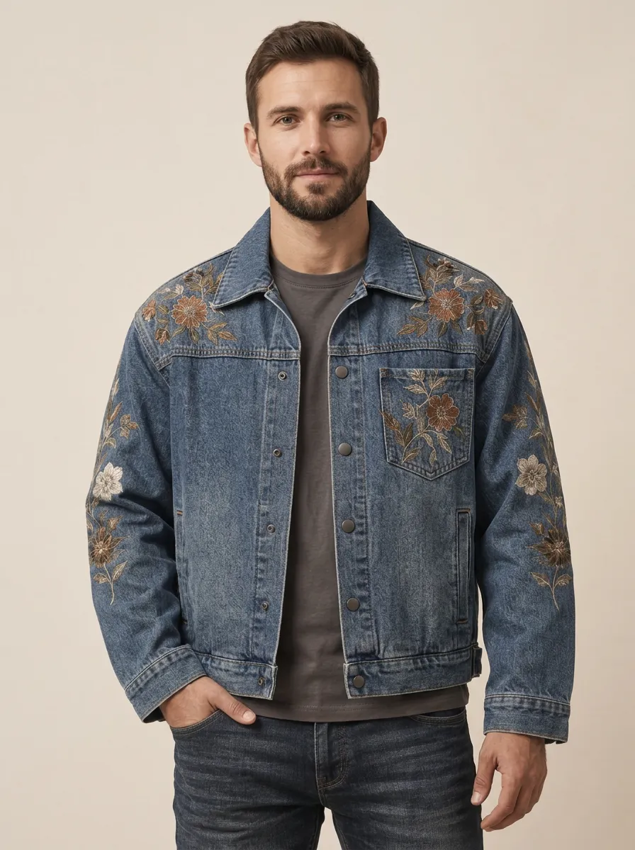 Men's Layering Style Floral Vintage Inspired Denim Jacket