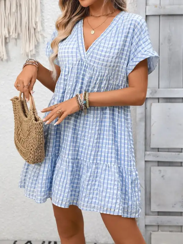 Modern V Neck Ruffle Mini Dress