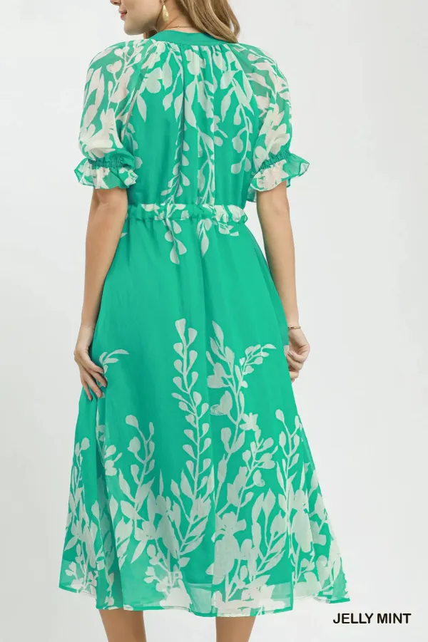 Floral Print V-Neck Puff Sleeve Belted Midi Dress