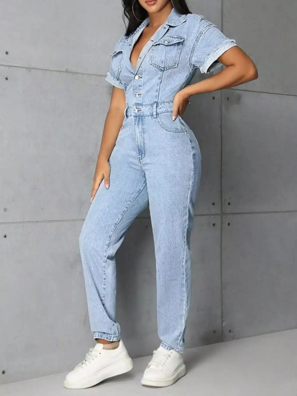 Button Front Short Sleeve Jumpsuit Denim Pants