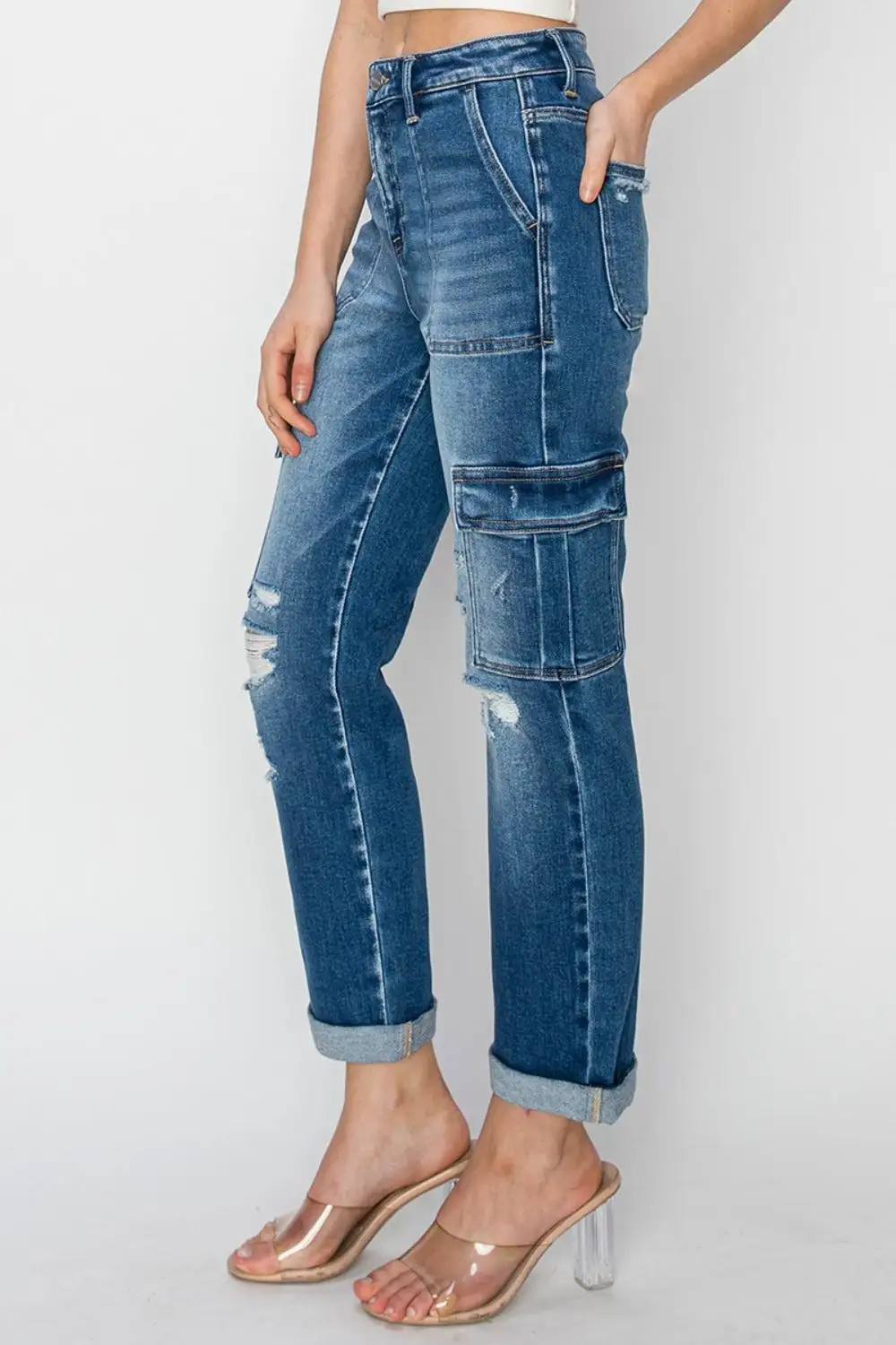 High Rise Cargo Ankle Roll Up Denim Jeans