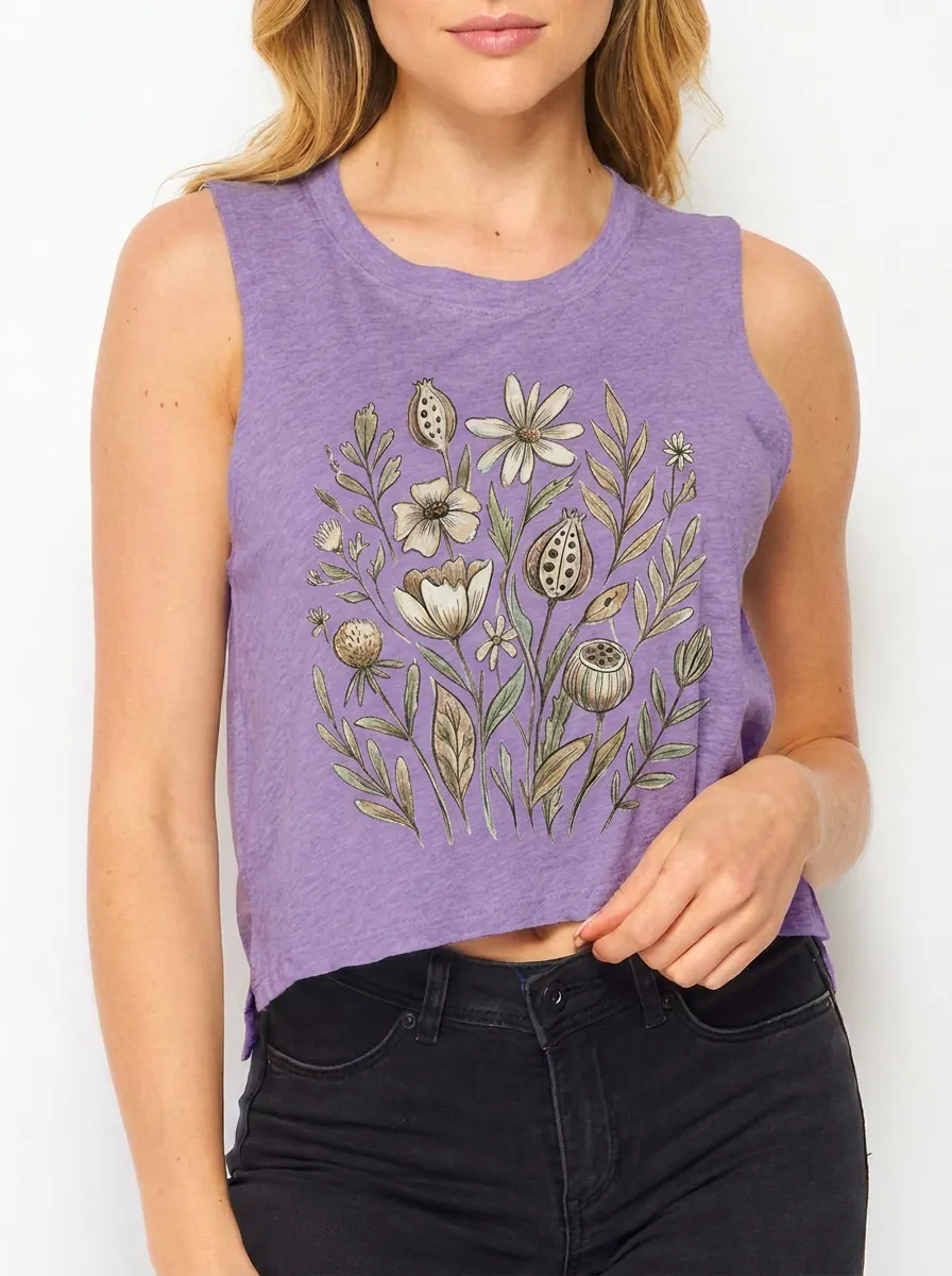 Women's Botanical Nature Lover Wildflower Printed Crop Tank Top