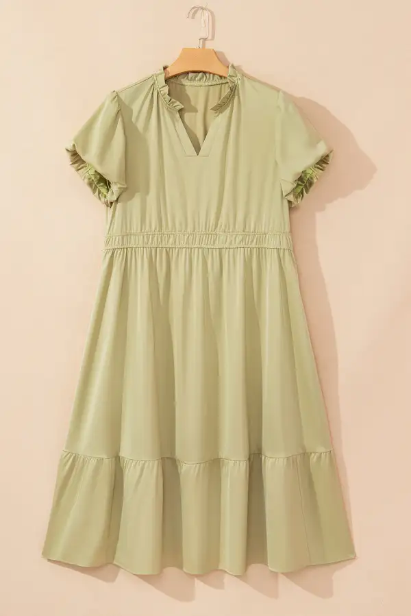 V Neck Puff Sleeve Maxi Dress