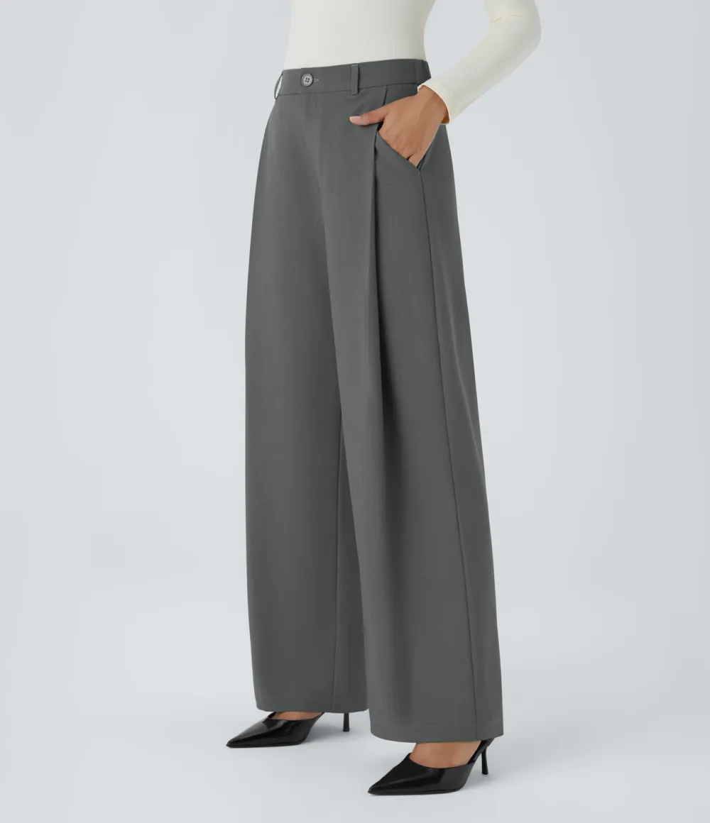 High Waisted Pleated Side Pocket Wide Leg Work Pants