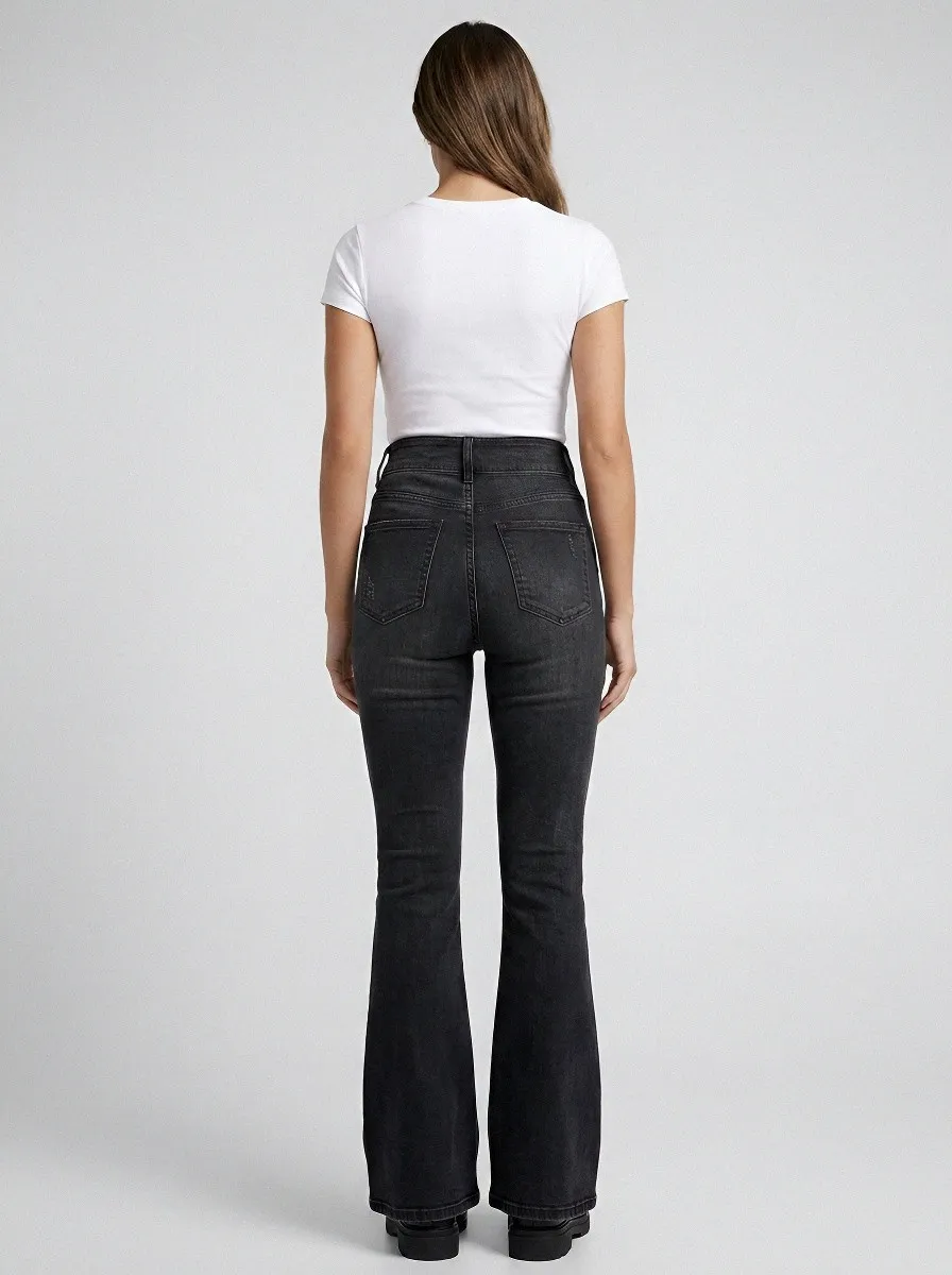 High-Waist Stretch Distressed Women's High-Waist Stretch Flare Jeans