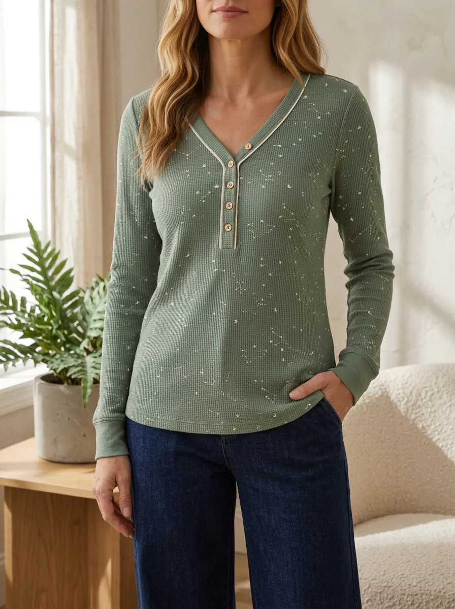 Women's Celestial Star Constellation Printed Waffle Henley Shirt