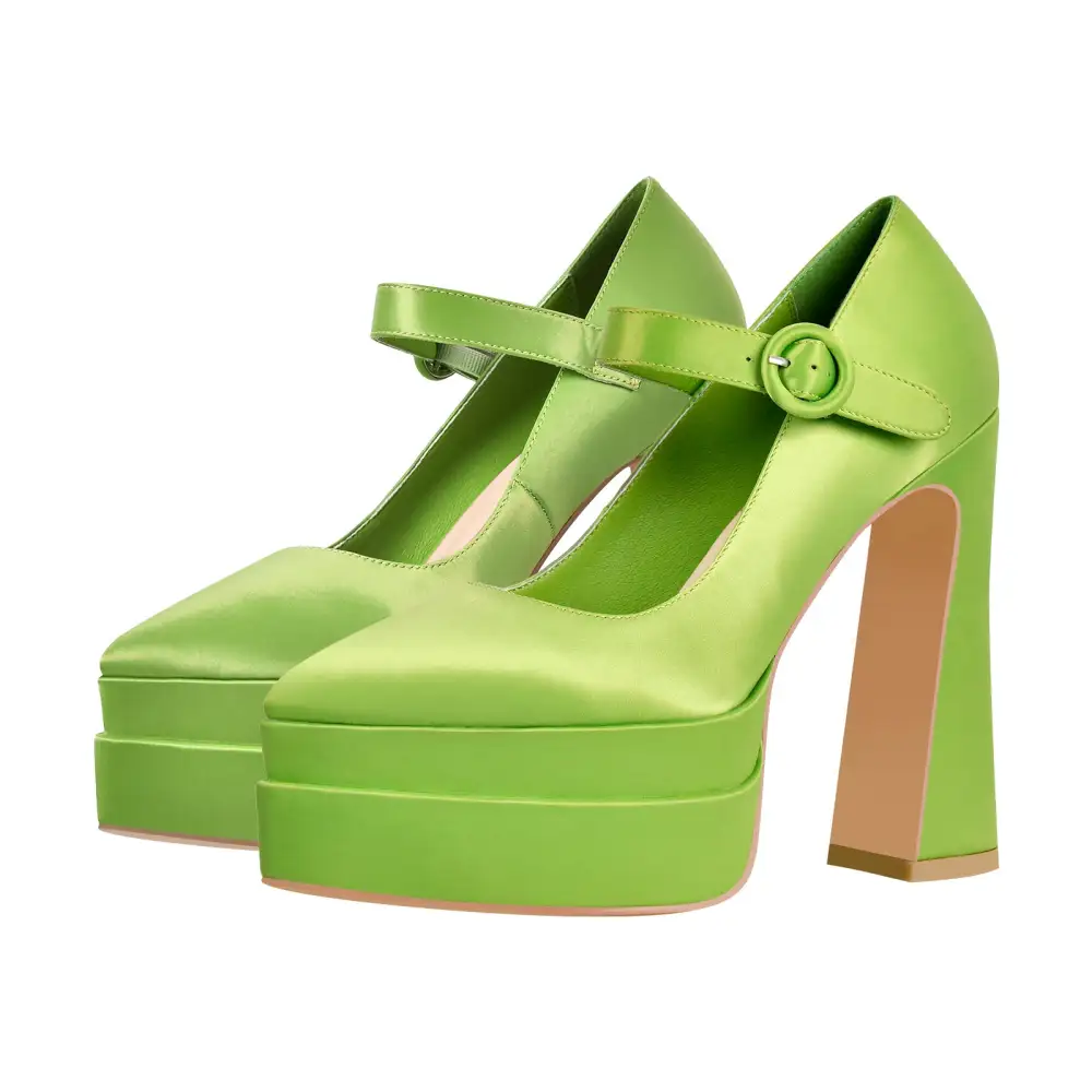 Satin Finish Pointed Toe Platform Chunky Heel Pumps