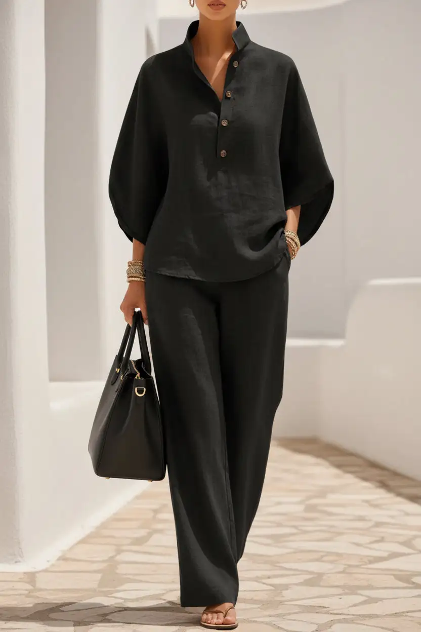 Long-Sleeve Linen Checked Women's Matching Set