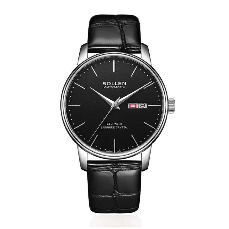 Sollen 9020 Automatic Watch - Men's Dual Calendar Sunray Dial Executive Stainless Steel Bracelet or Genuine Leather Strap Wristwatch