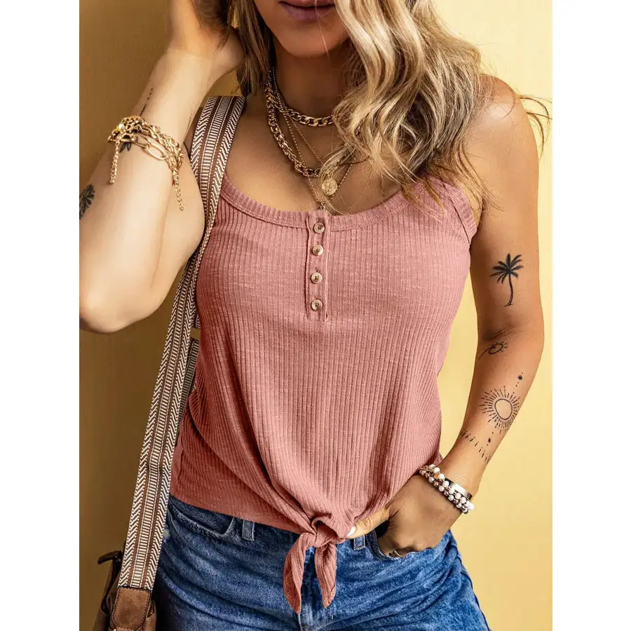 Full Size Ribbed Button Front Tie Hem