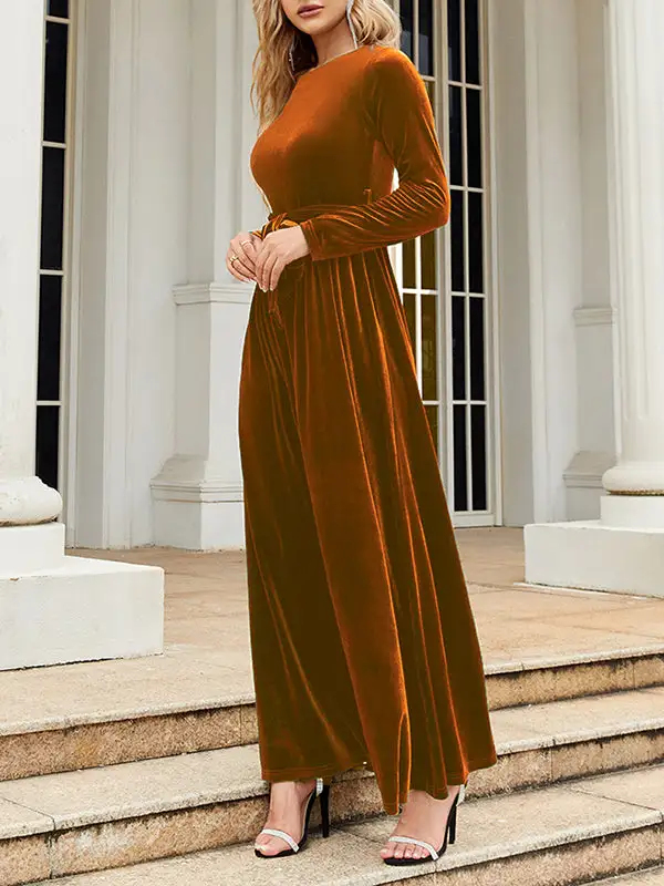 Pleated Wrap Belted Long Neck Maxi Dress