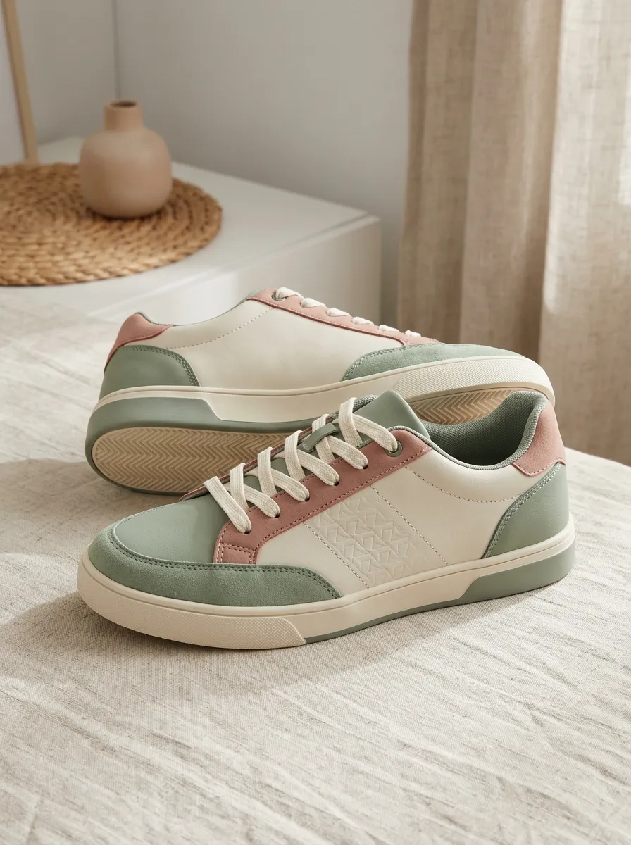 Women's Sage Green and Dusty Pink Geometric Patterned Sneakers
