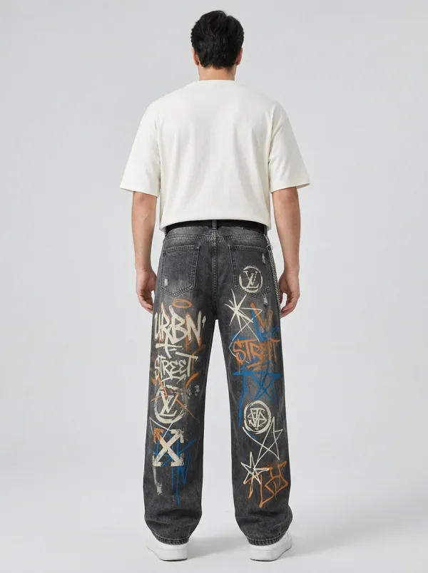 Unisex Urban Streetwear Graffiti Distressed Jeans