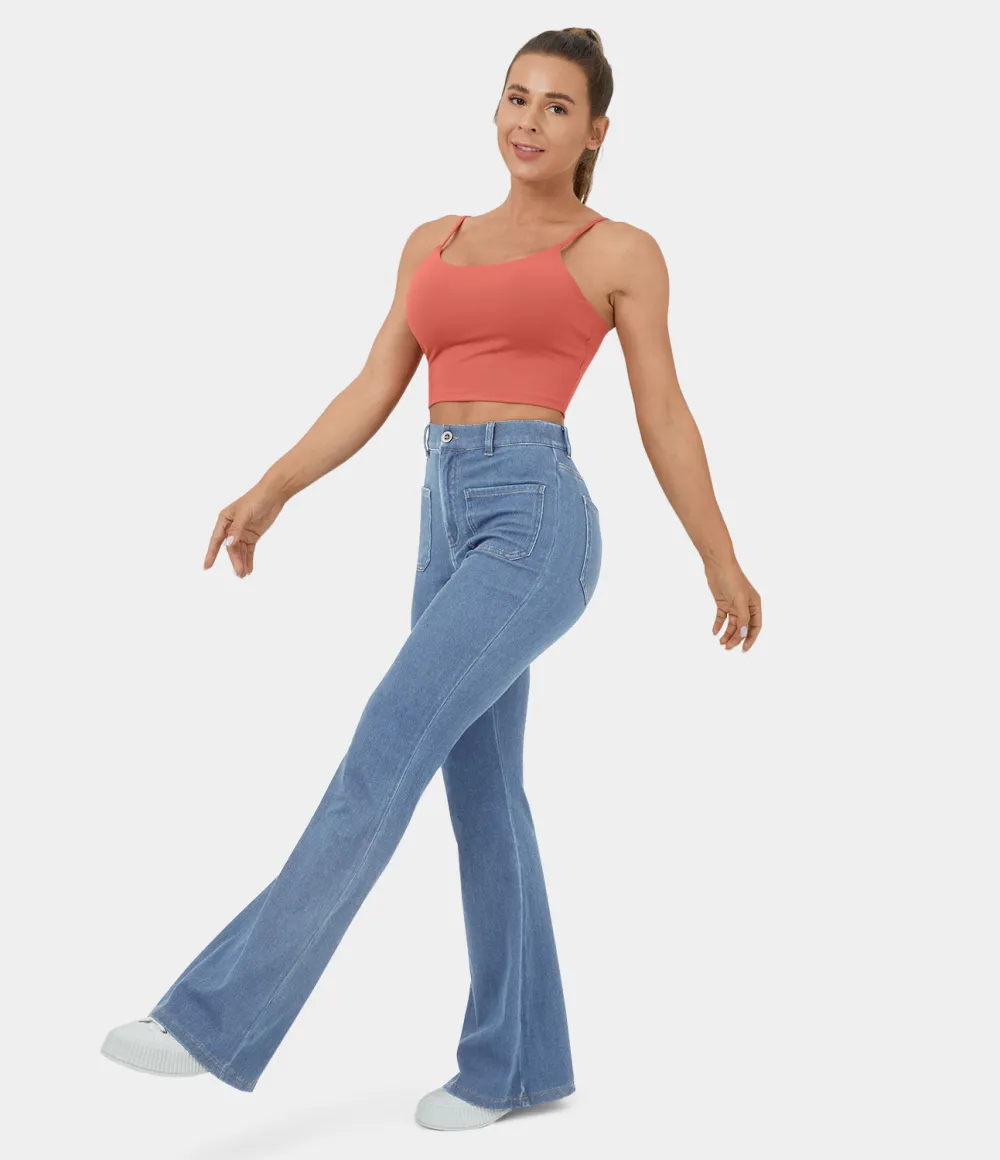 Magic High Waisted Button Pockets Stretchy Knit Casual Flare Jeans