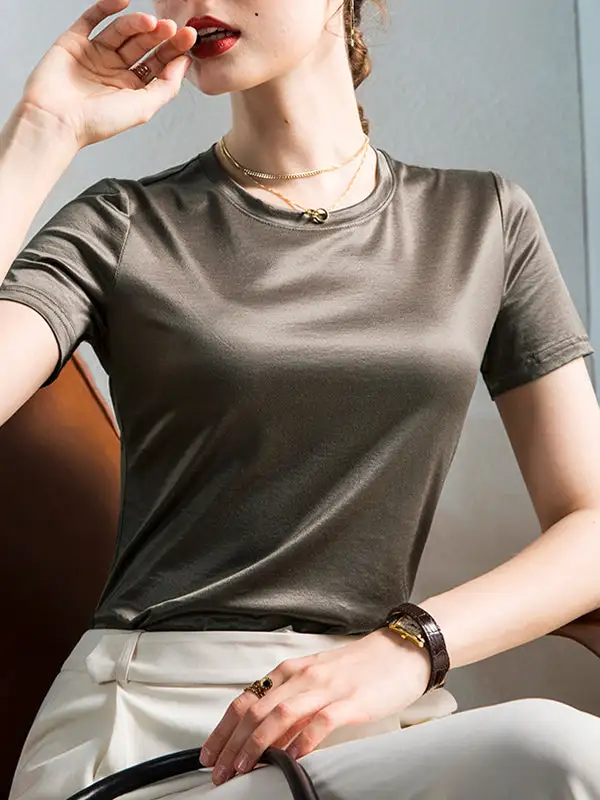 Relaxed Short Sleeve Shiny Round Neck T-Shirt
