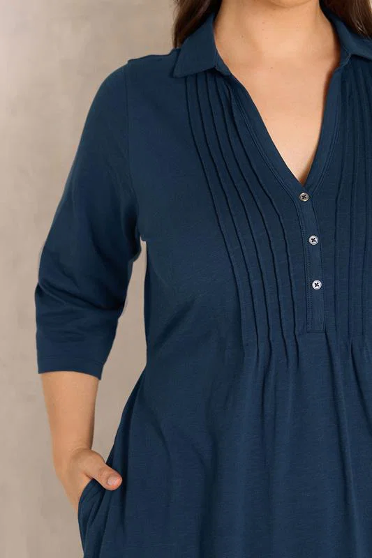 Navy Blue Cotton Henley Dress detail 3