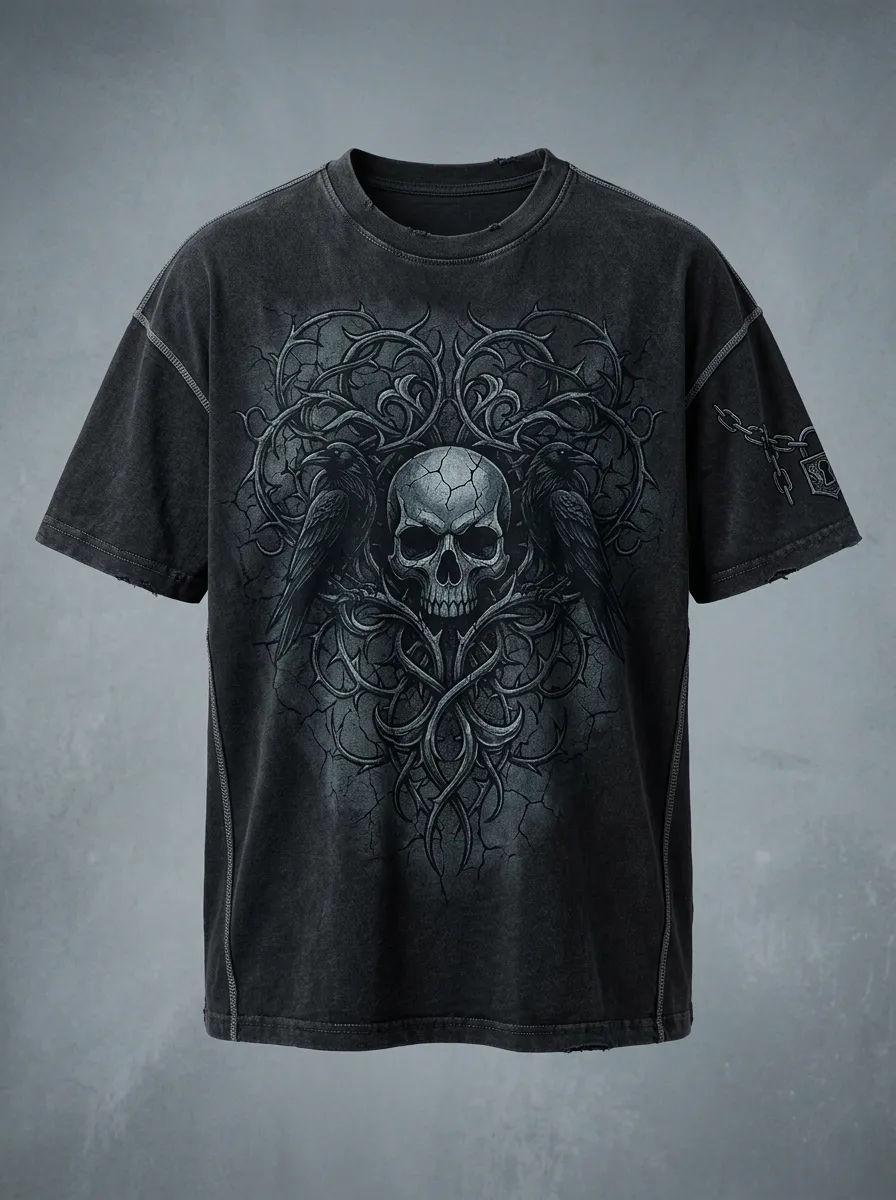 Statement Skull Raven Thorn Punk Look Men's Gothic T-Shirt
