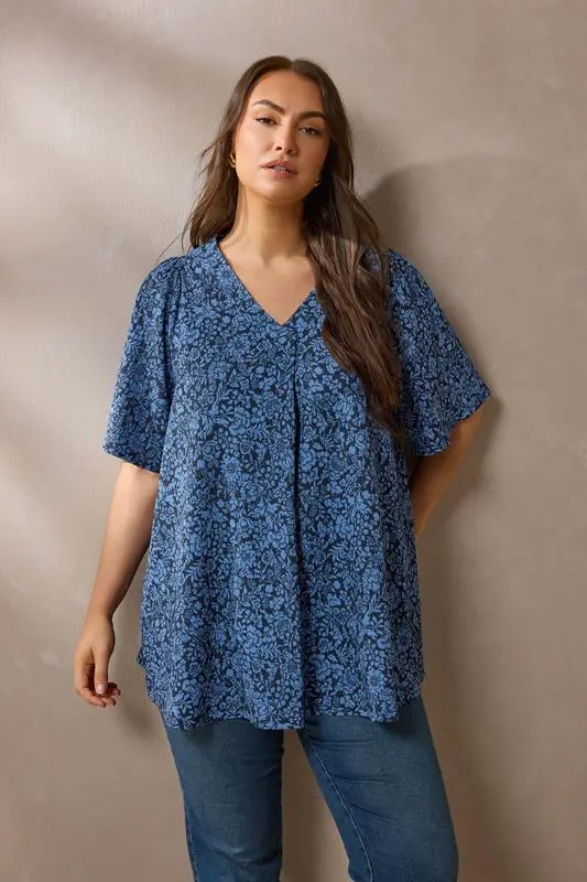 Navy Blue Floral Pleat Front Angel Sleeve Top