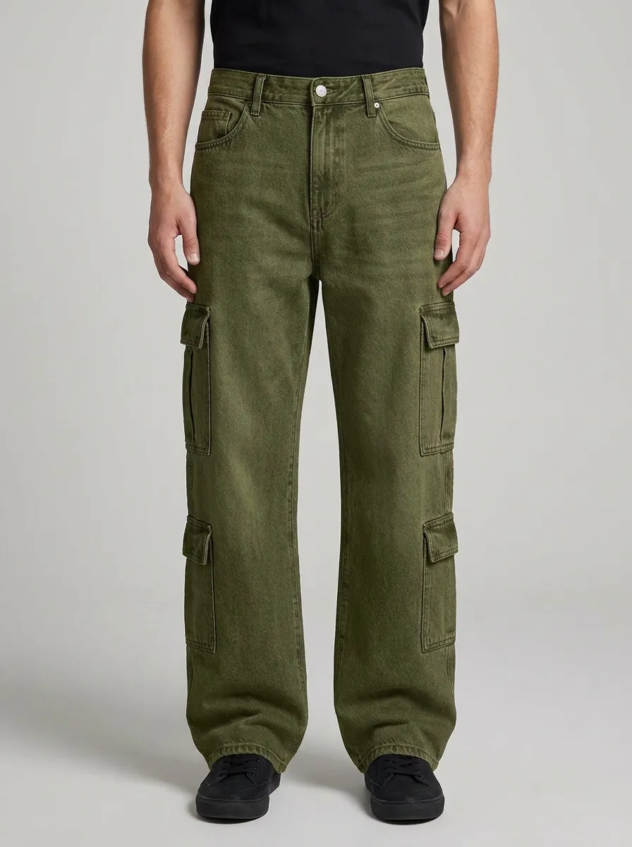 Men's Streetwear Light-Wash Denim Cargo Jeans