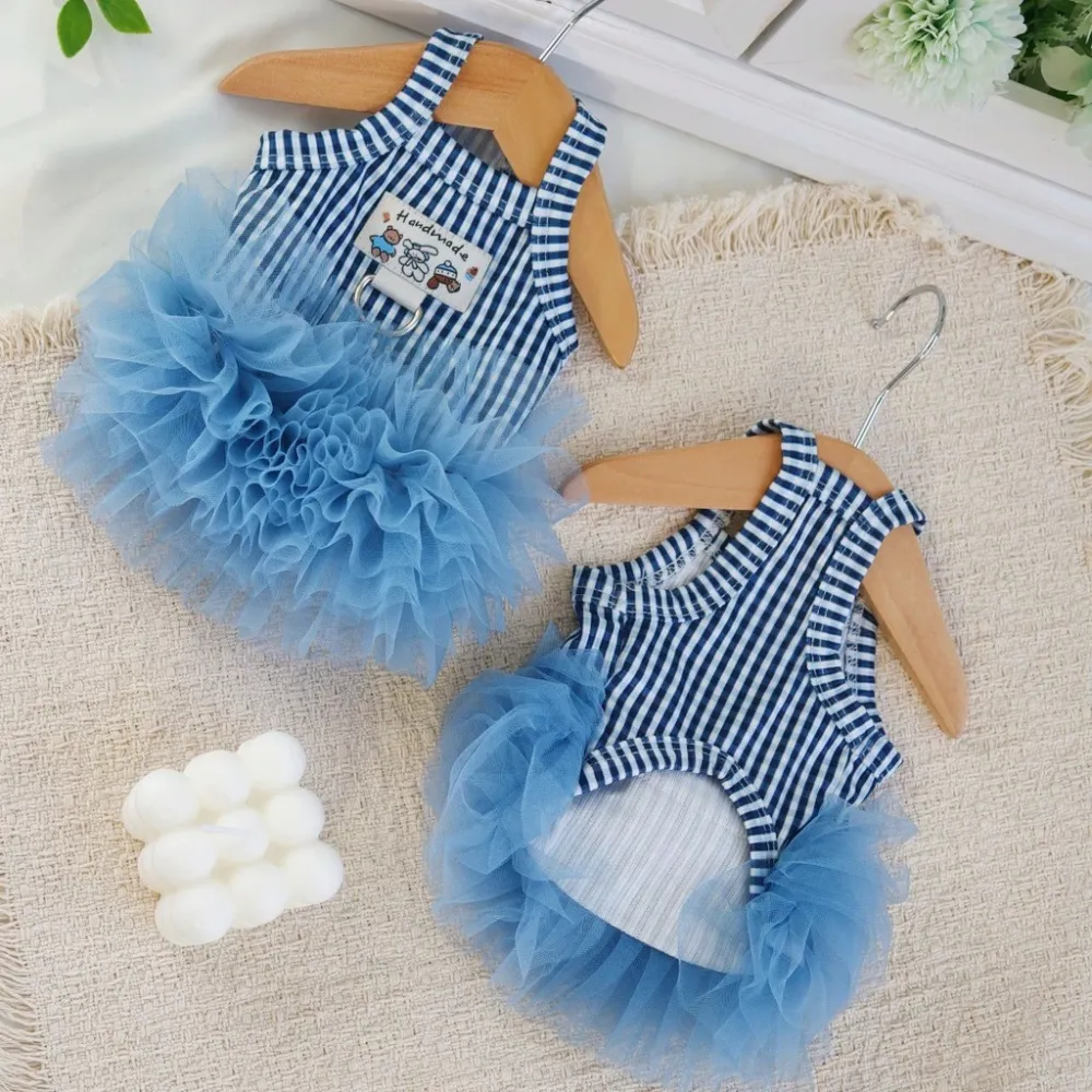 Blue Plaid Sling Pet Tutu Dress D-Ring, Soft Mesh Tulle Princess Summer Clothes for Small Dogs Cats