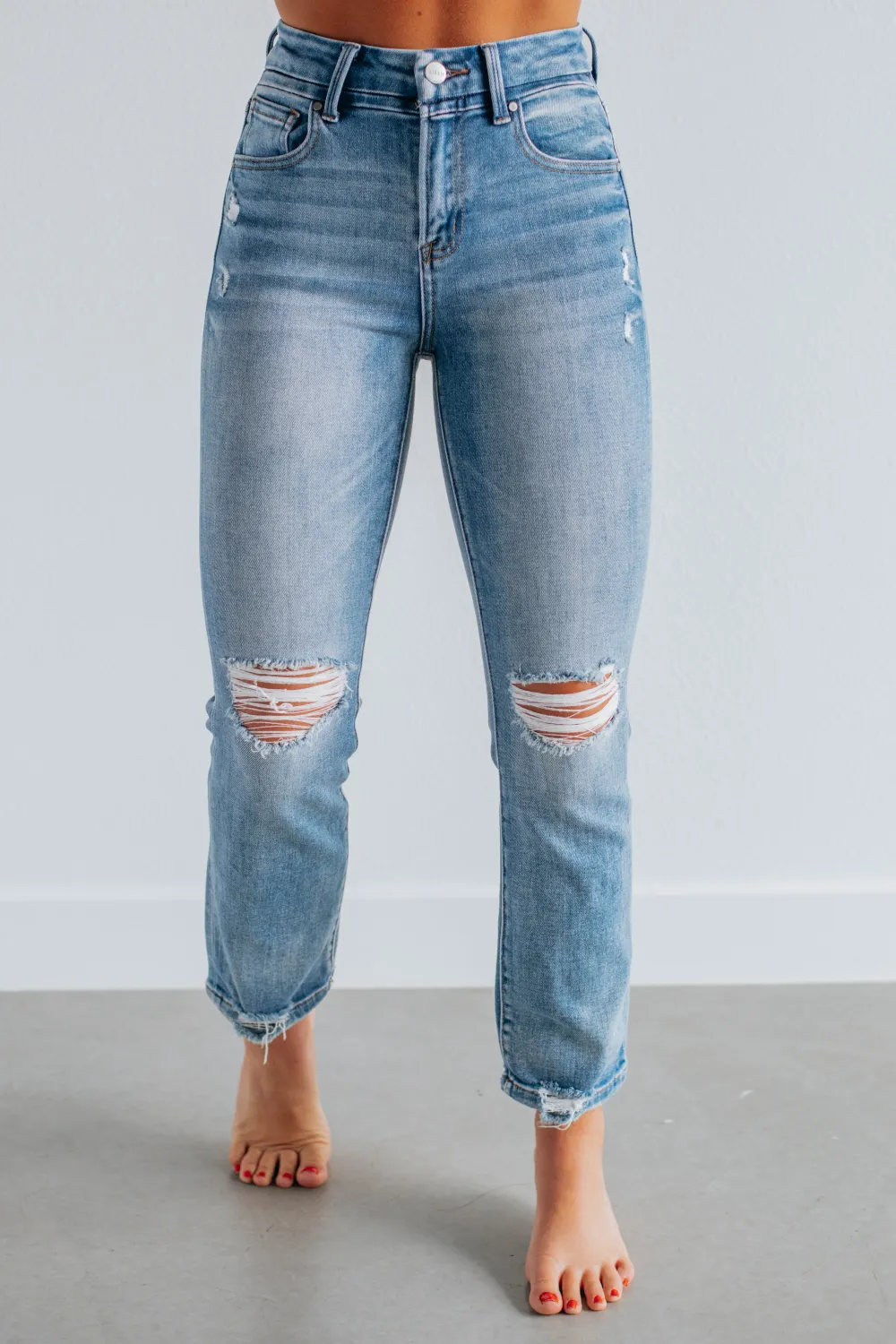 Women's High Rise Distressed Cotton Blend Jeans