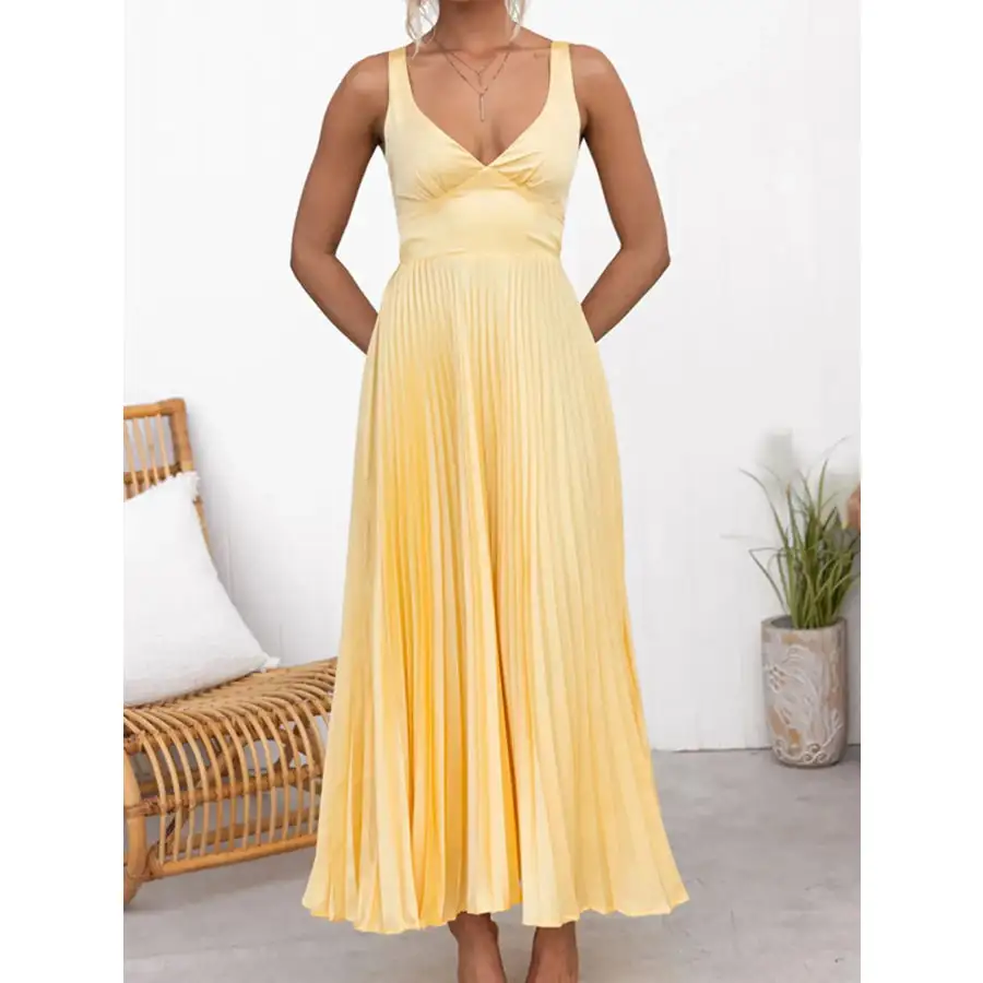 Pleated V Neck Sleeveless Maxi Dress