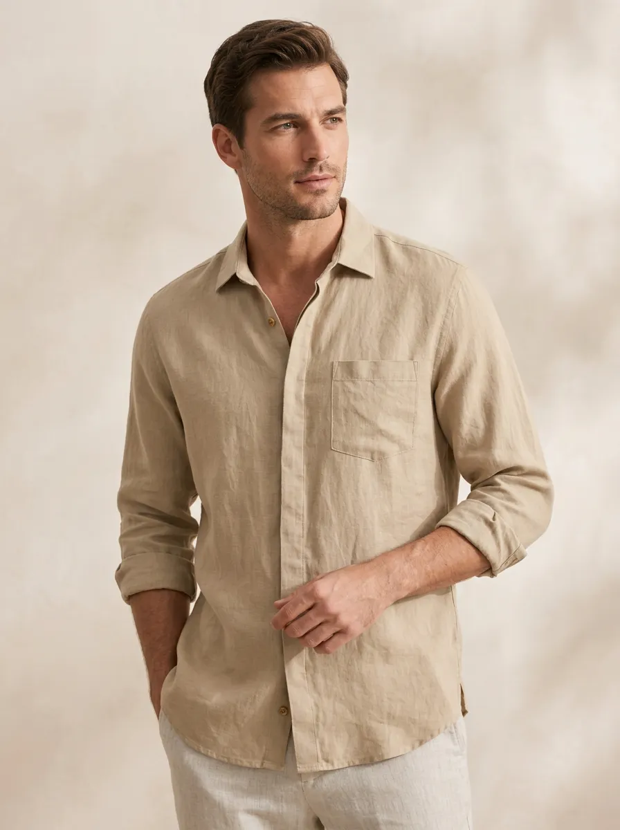 Men's Relaxed Beige Long-Sleeve Button-Down Shirt