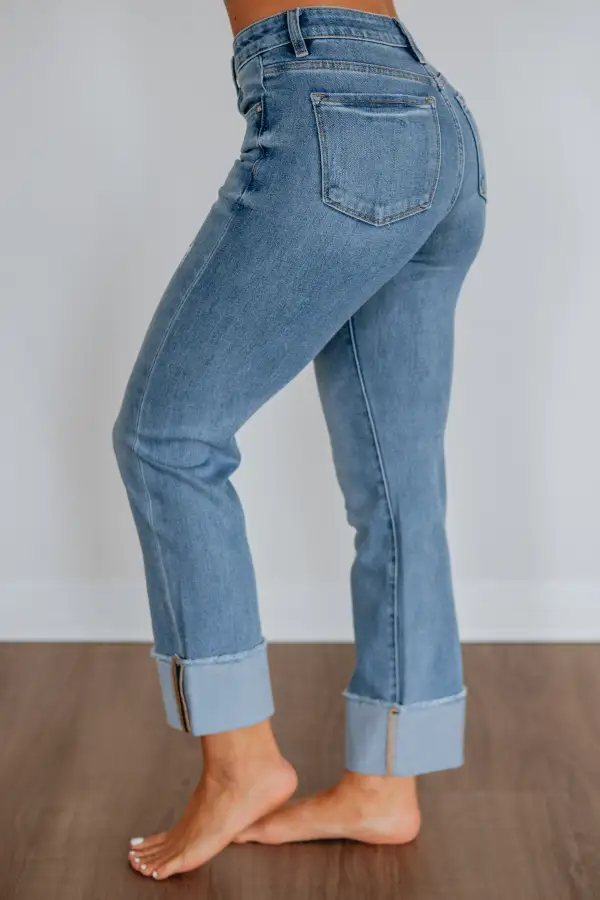 Women's Mid Rise Straight Leg Cuffed Hem Jeans