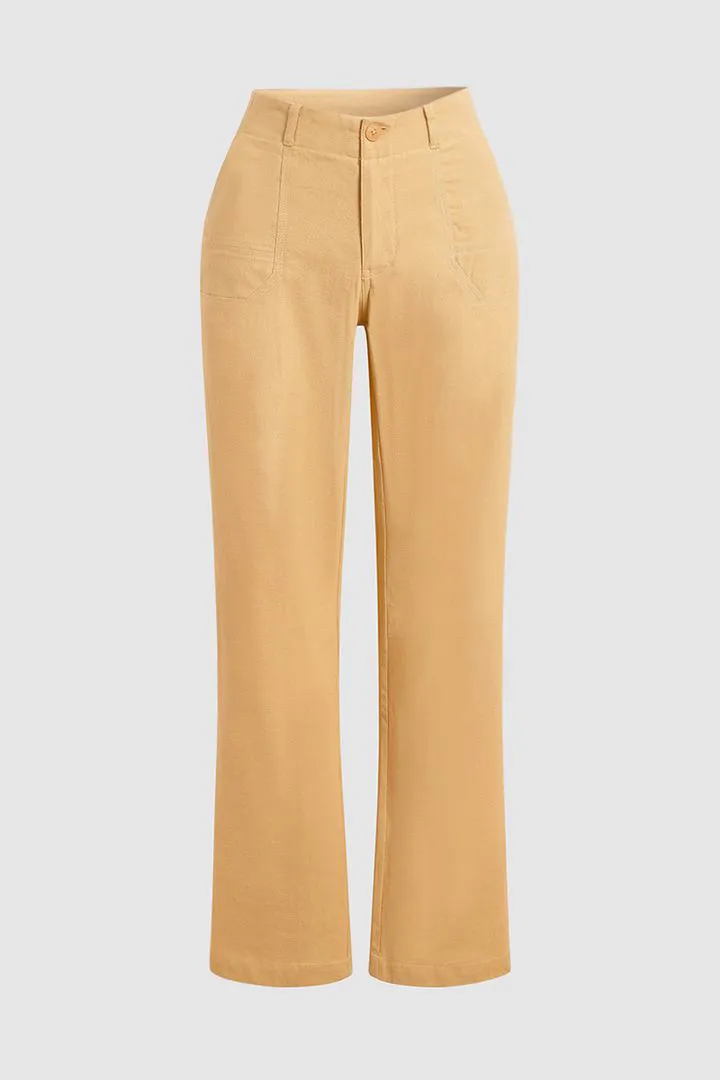 Solid Slant Pocket Low Waist Flare Pants Without Belt