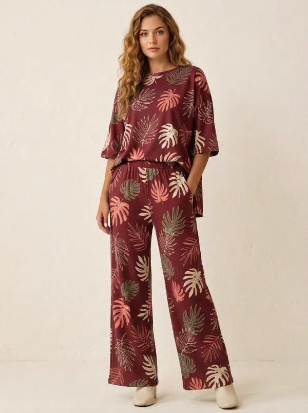 Women's Tropical Leaf Print Drop-Shoulder Top And Straight-Leg Trouser Lounge Set