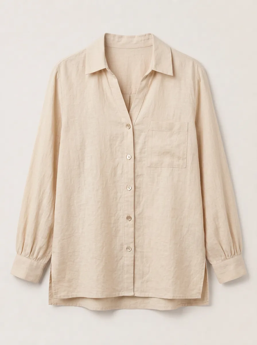 Women's Beige Button-Down Shirt with Gathered Cuffs