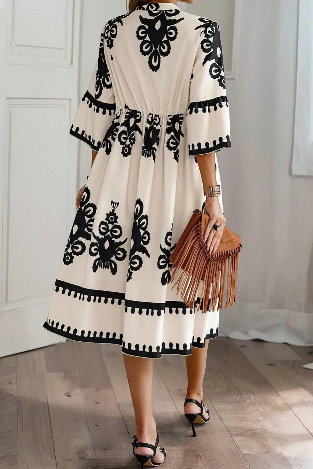 Geometric Print Bracelet Sleeve Everyday Midi Dress