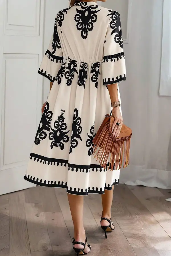 Geometric Print Bracelet Sleeve Everyday Midi Dress