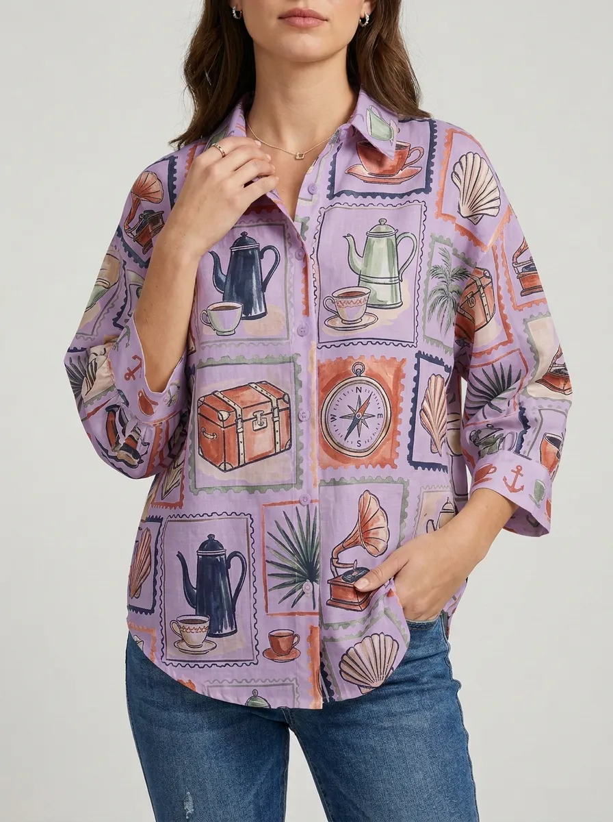 Women's Vintage Travel Stamp Pattern Printed Button-up Shirt