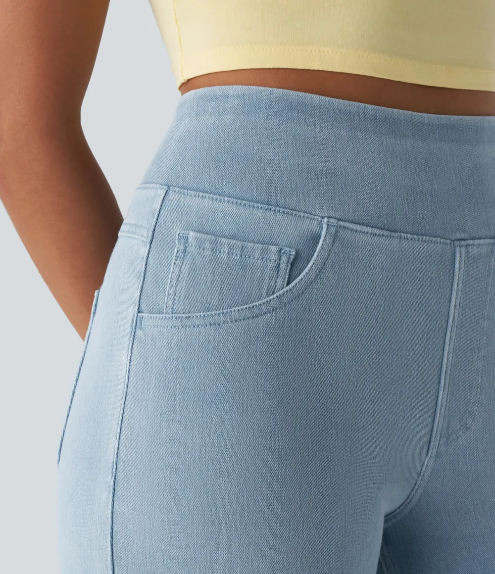Magic High Waisted Multiple Pockets Wide Leg Loose Stretchy Knit Work Jeans