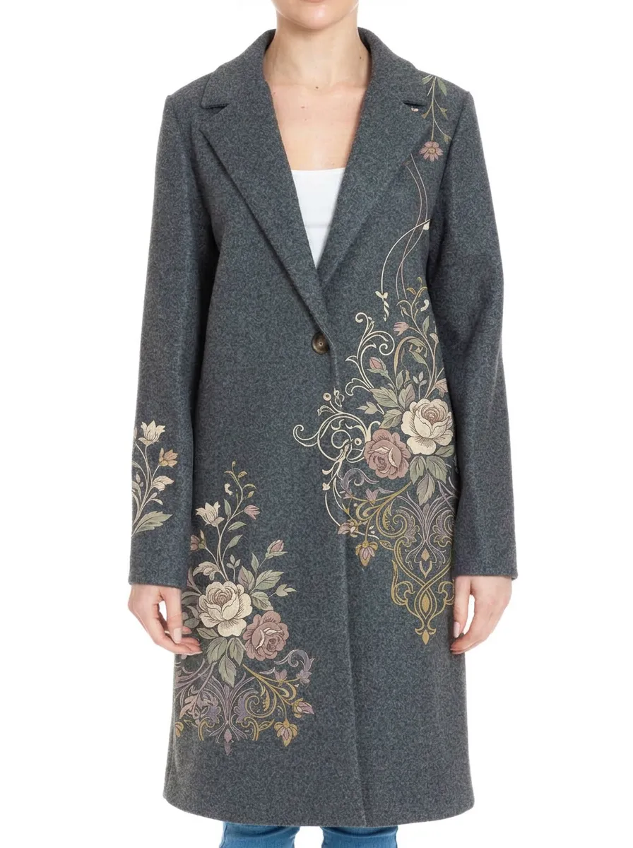 Women's Vintage Floral Pattern Printed Wool Coat