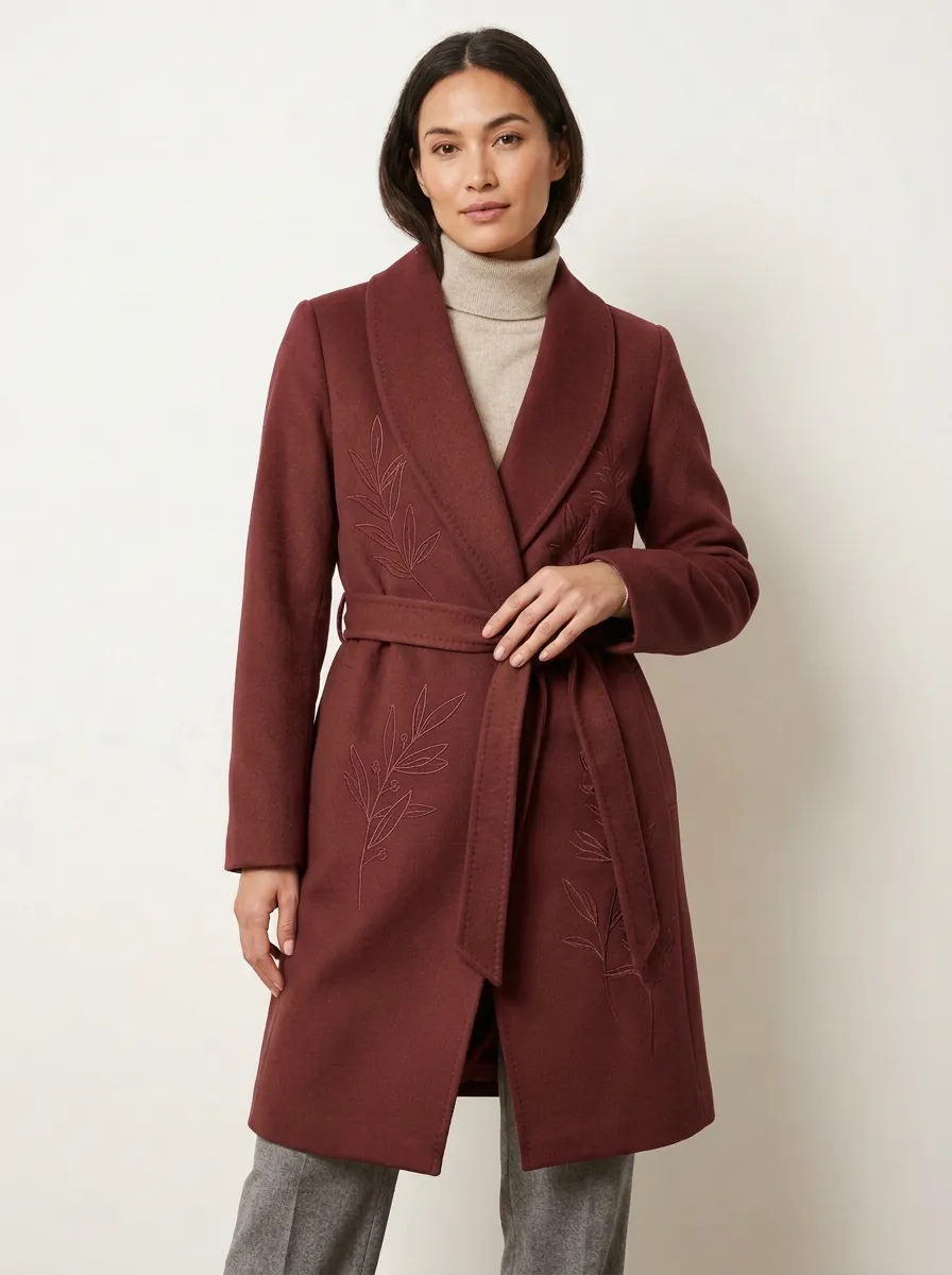 Women's Botanical Leaf Embroidered Wool Coat