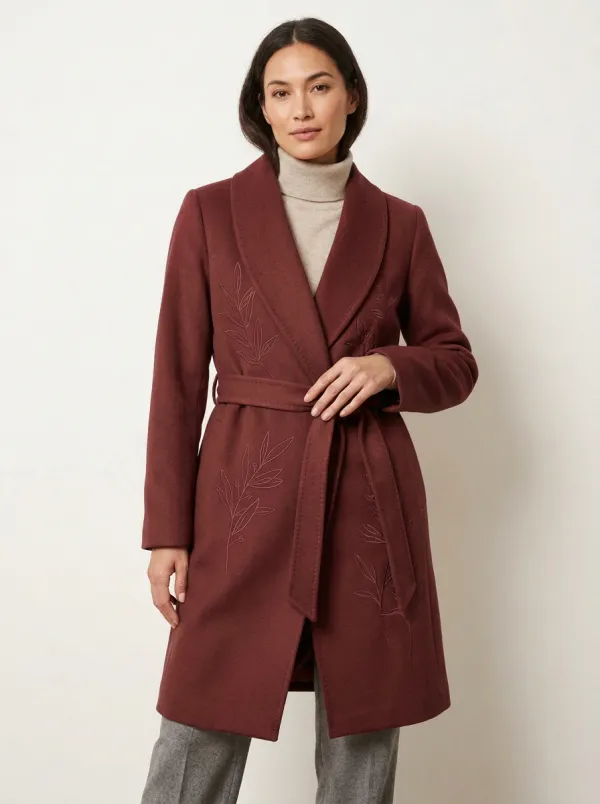 Women's Botanical Leaf Embroidered Wool Coat
