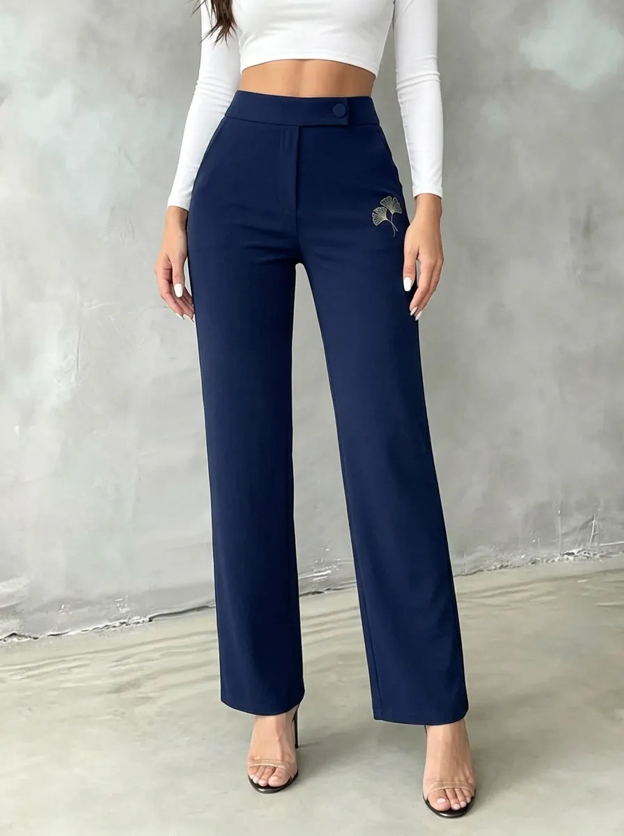 Women's Classic Comfort Ginkgo Leaf Embroidered Mid Rise Straight Leg Pants
