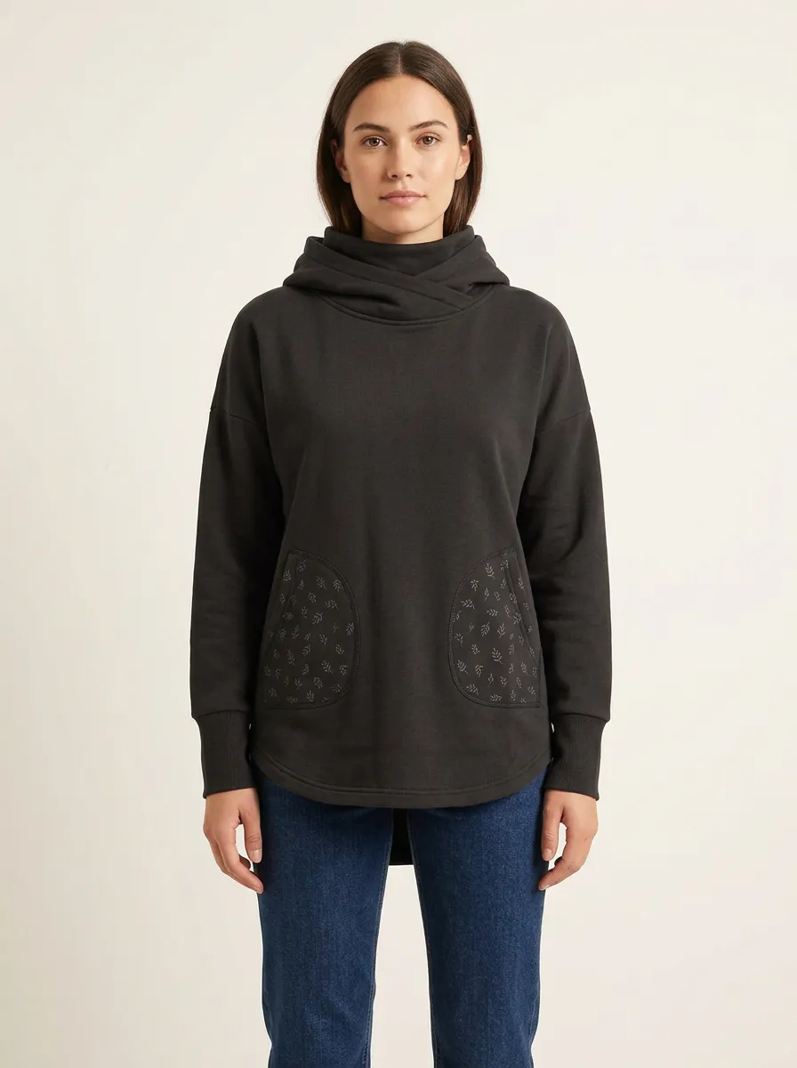 Women's Leaf-Pattern Rounded-Pocket Funnel-Neck High-Low Hoodie