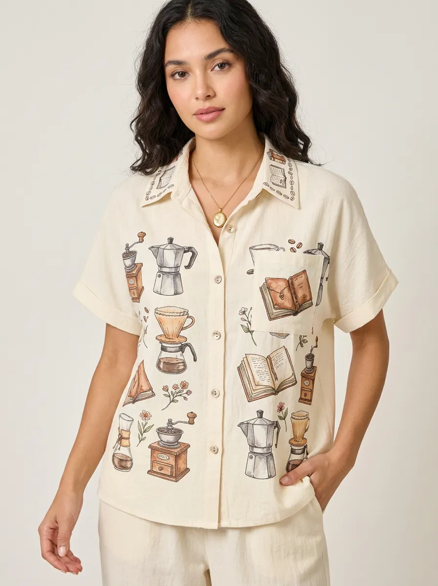 Women's Coffee Book Coffee Maker Graphic Button-up Shirt Tank Top
