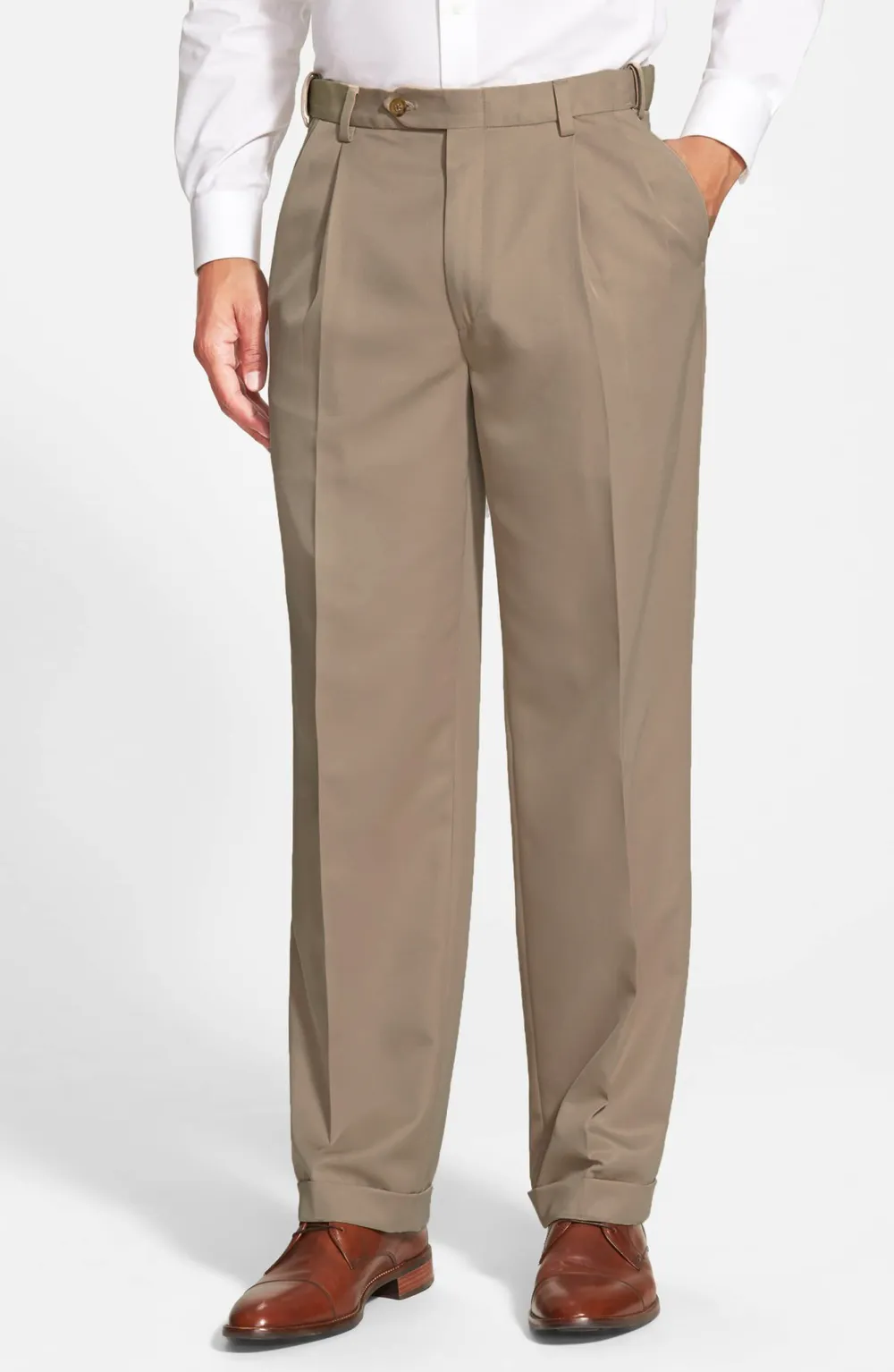 Poplin Pleated Front Regular Rise Long Rise Adjustable Waist Trousers