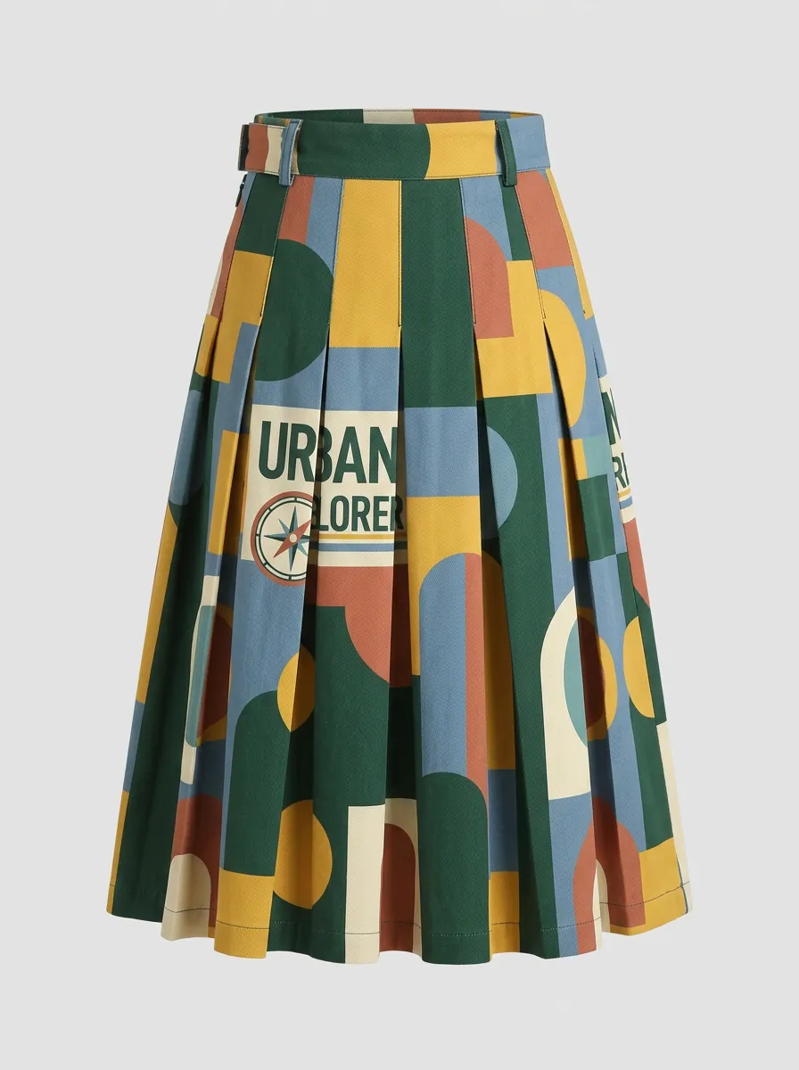 Women's Urban Explorer Geometric Compass Printed Pleated Midi Skirt