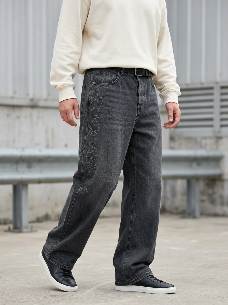 Men's Streetwear Geometric Pattern Printed Wide Leg Jeans