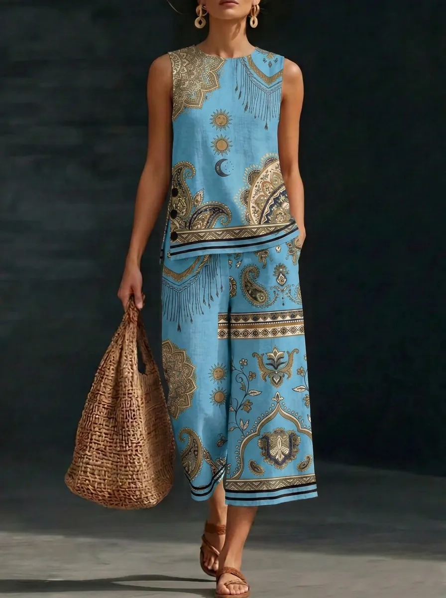 Women's Boho Sun Moon Paisley Printed Sleeveless Set