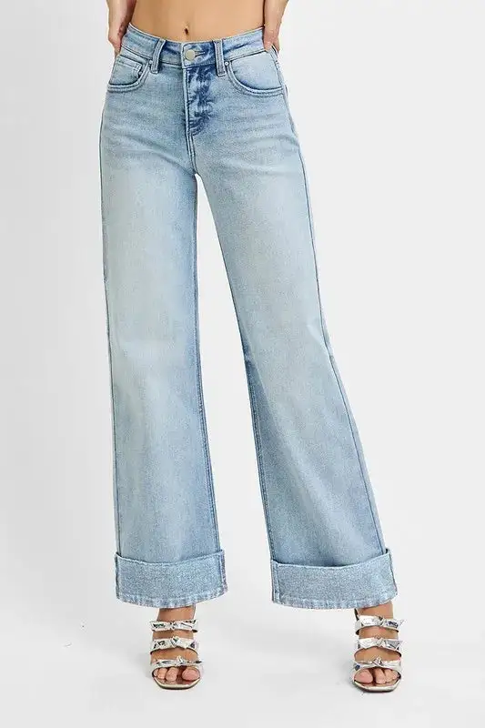 Soft High Waist Wide Leg Cuffed Denim Jeans