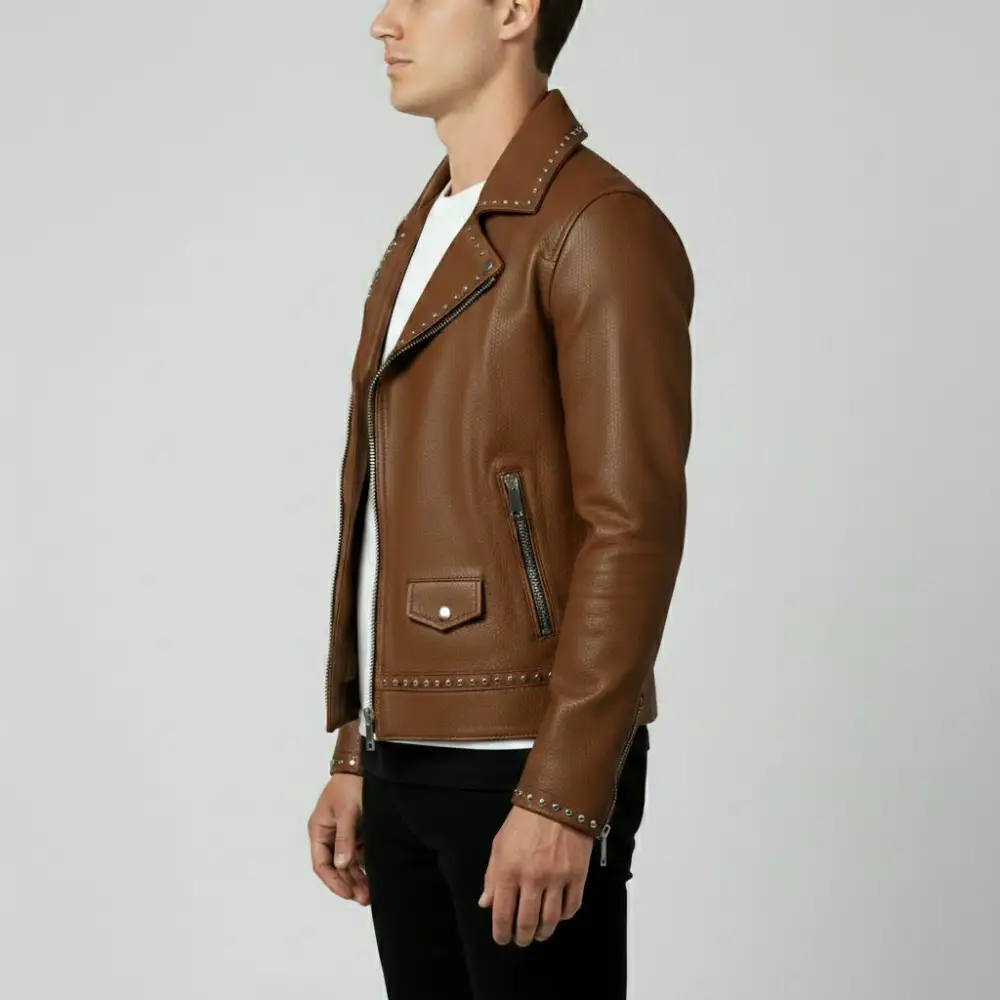 Rugged Leather Biker Motorcycle Studded Jacket
