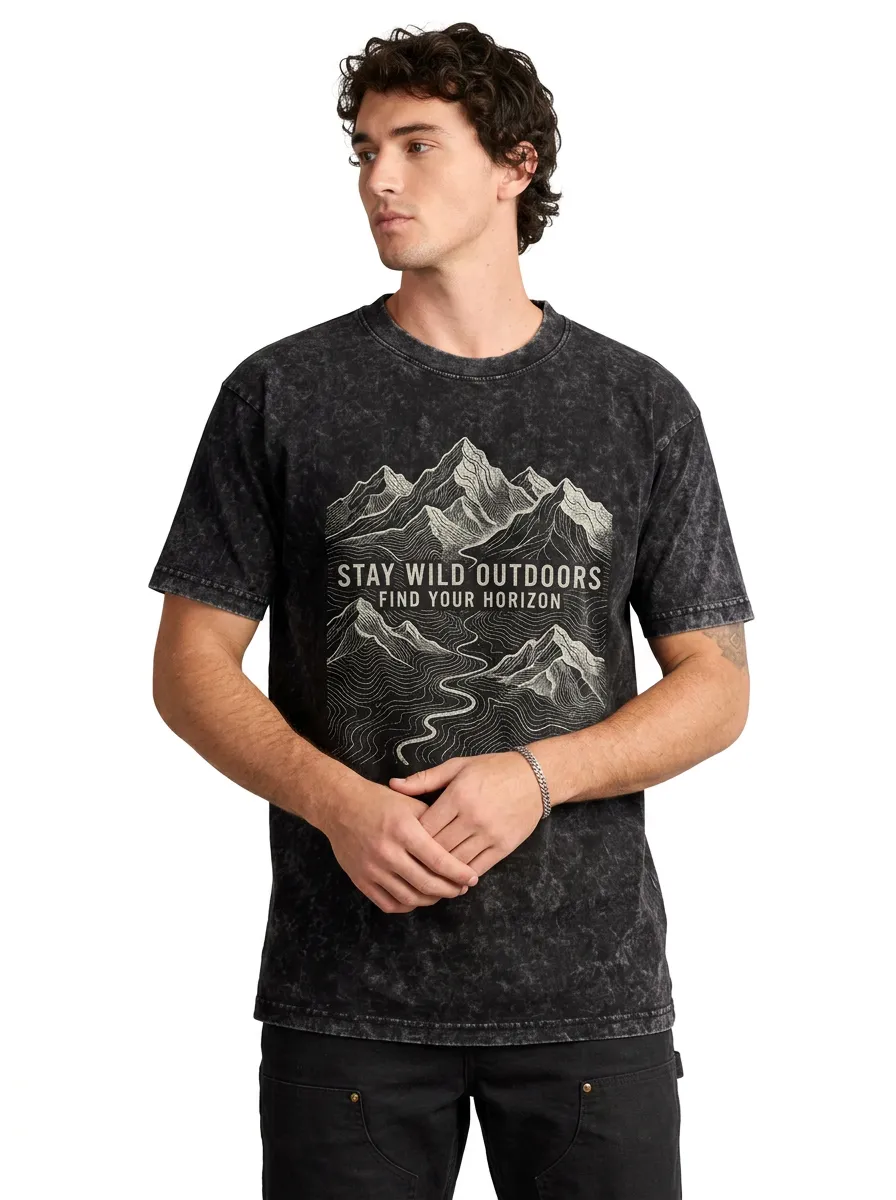 Men's Outdoor Adventure Mountain Printed Mineral Wash T-shirt